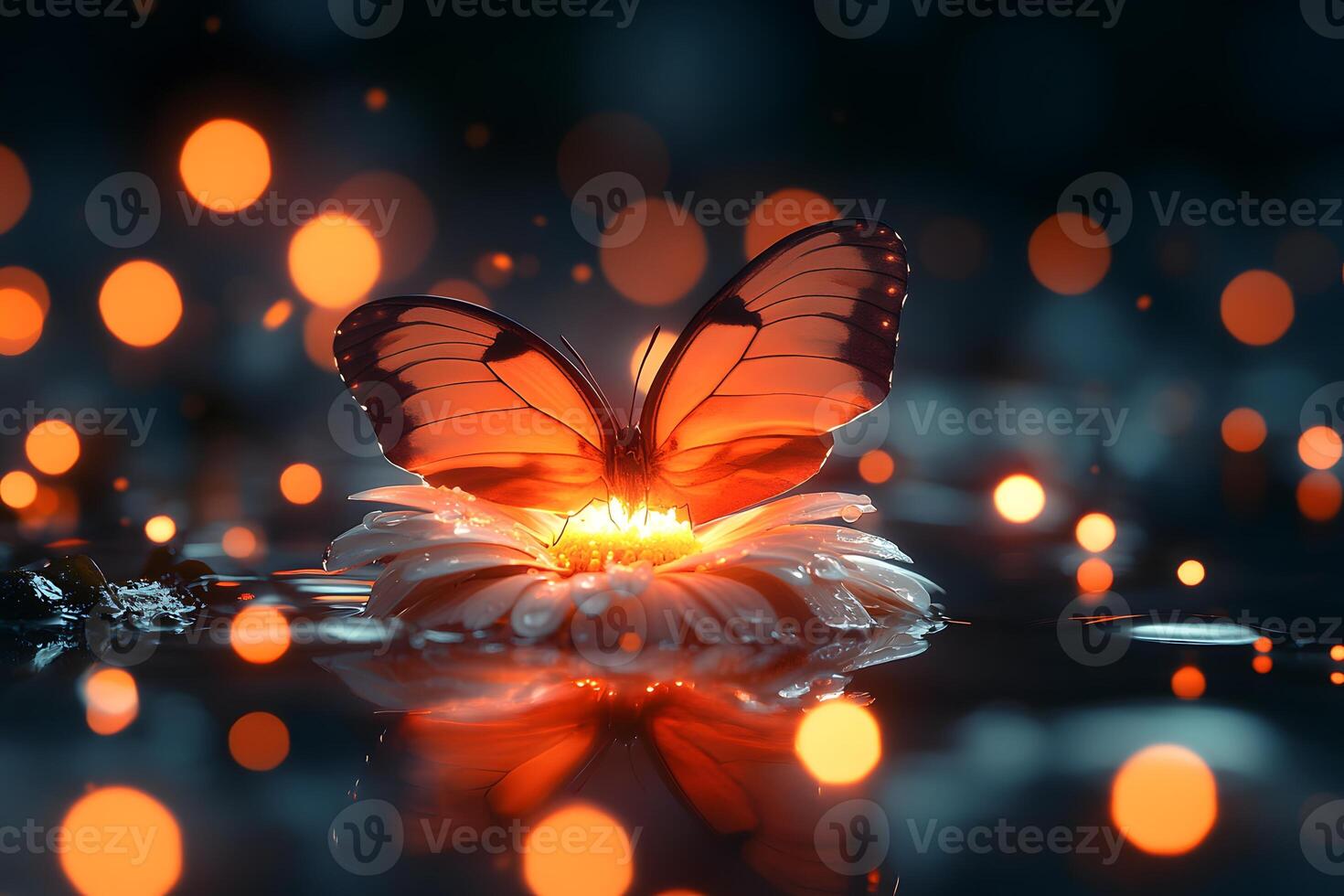 Ethereal Butterfly on Glowing Flower Nature's Nighttime Wonder for Artistic Design photo