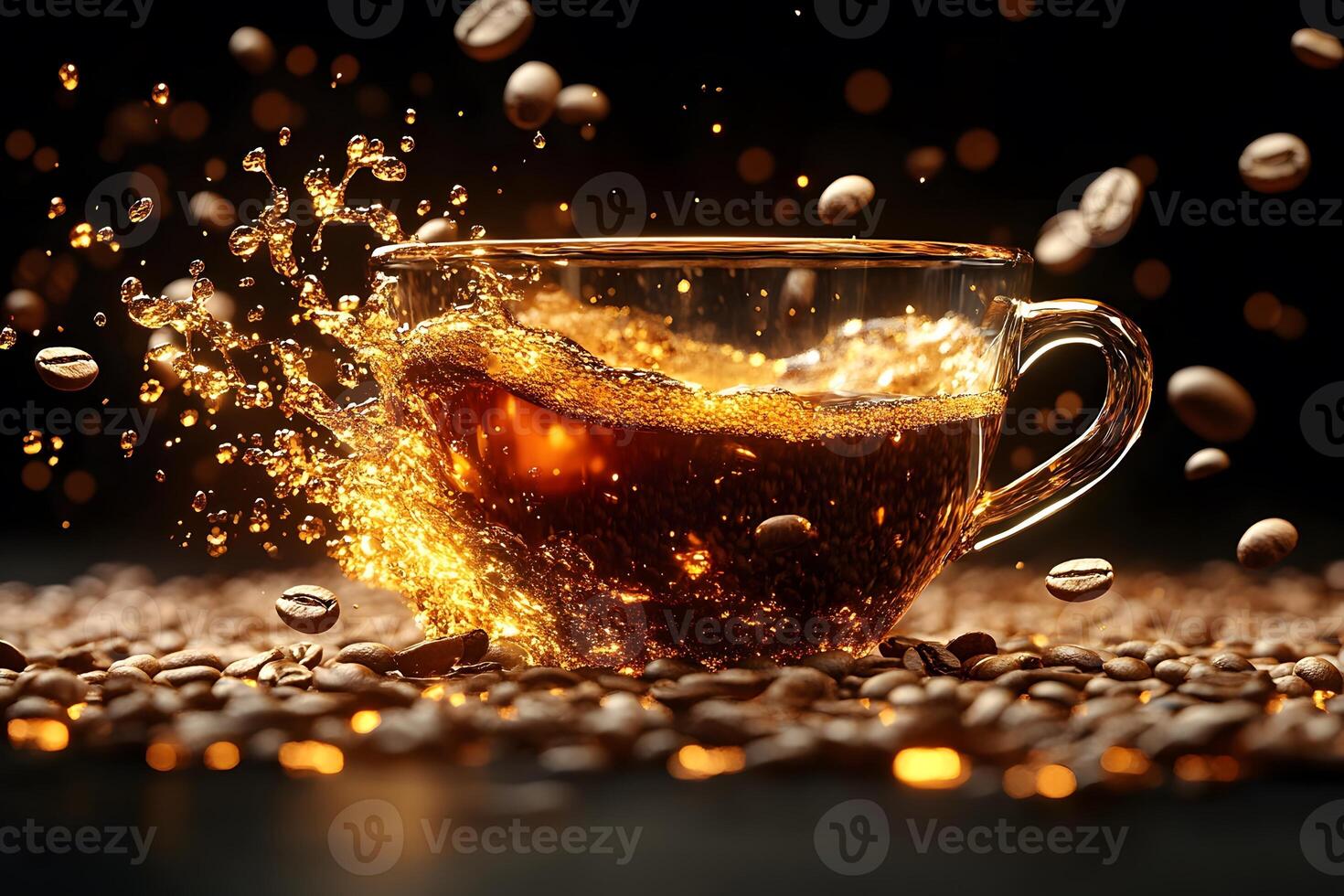 Dynamic Splash of Coffee in Glass Cup Surrounded by Coffee Beans photo
