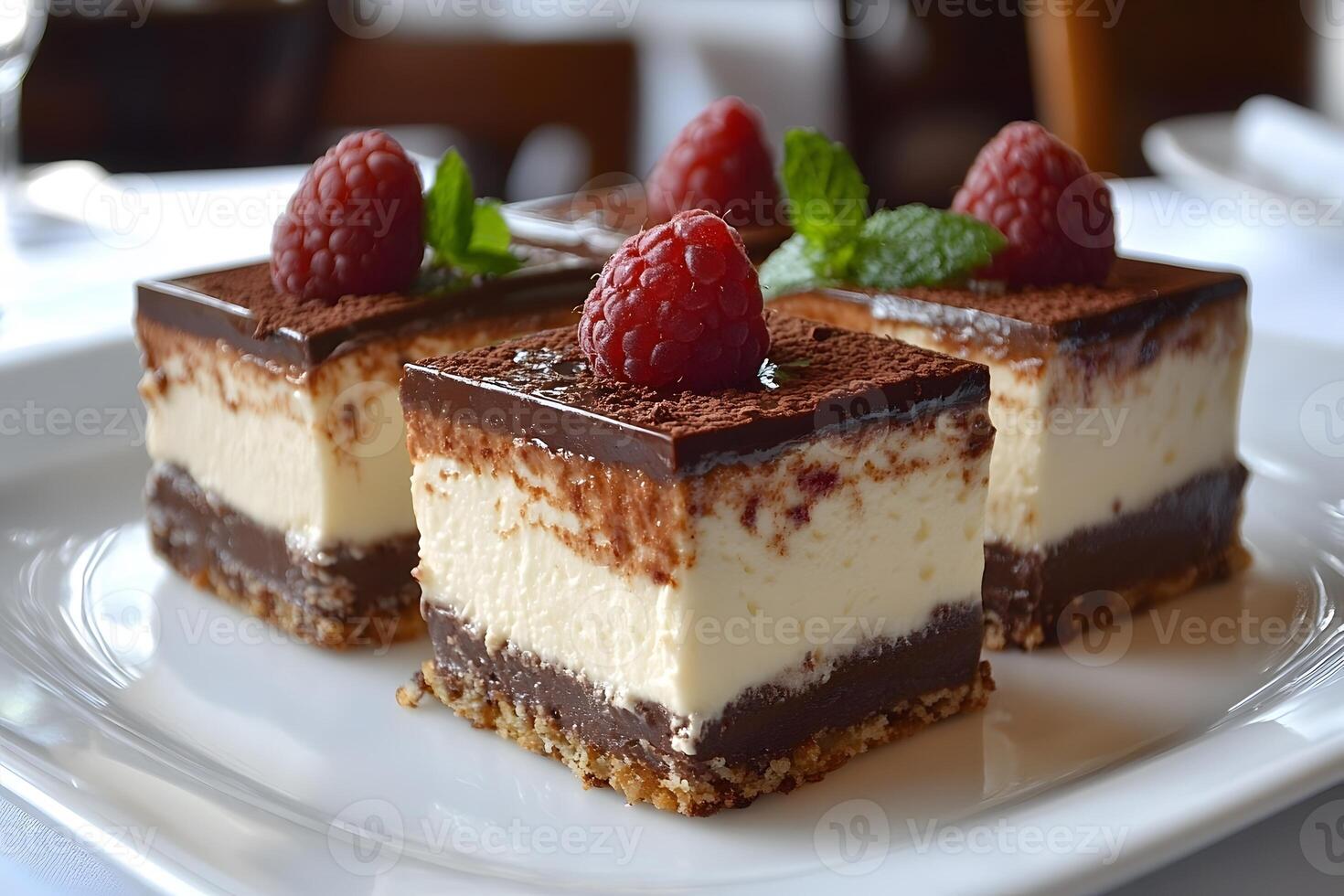 Decadent Chocolate Raspberry Tiramisu Squares on Elegant Dessert Plate photo