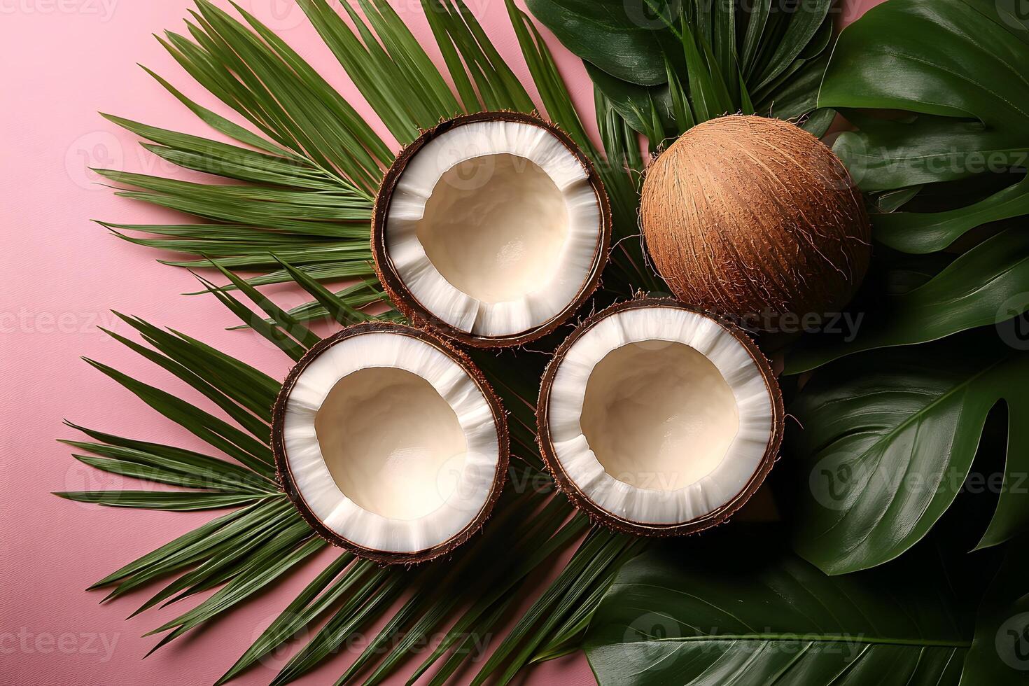 Tropical Summer Concept with Fresh Coconuts and Palm Leaves for Natural Design Inspiration photo