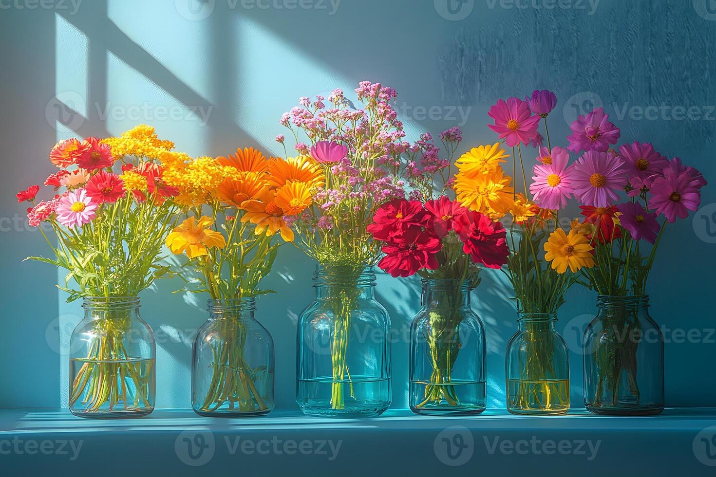 Vibrant Floral Arrangement in Glass Jars Cheerful Home Decor and Garden Inspiration photo