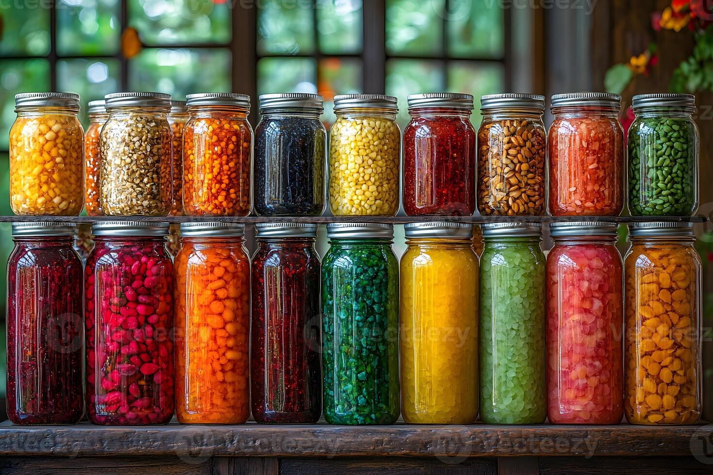 Colorful Display of Preserved Vegetables in Glass Jars for Home Storage and Decoration photo