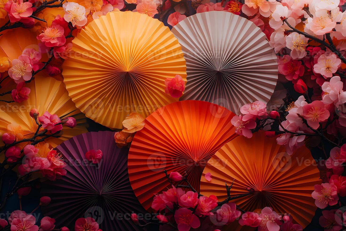 Vibrant Paper Fans with Cherry Blossoms - Asian Art Inspired Design for Decor and Celebrations photo