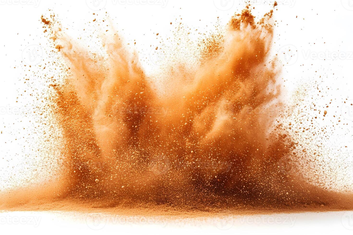 Dynamic Explosion of Brown Powder on White Background for Creative Design photo