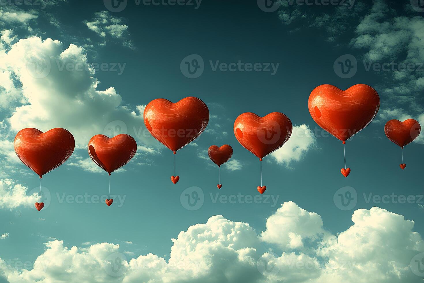 Floating Heart Balloons in Cloudy Sky - Romantic Dreamscape for Valentine's Day Design photo