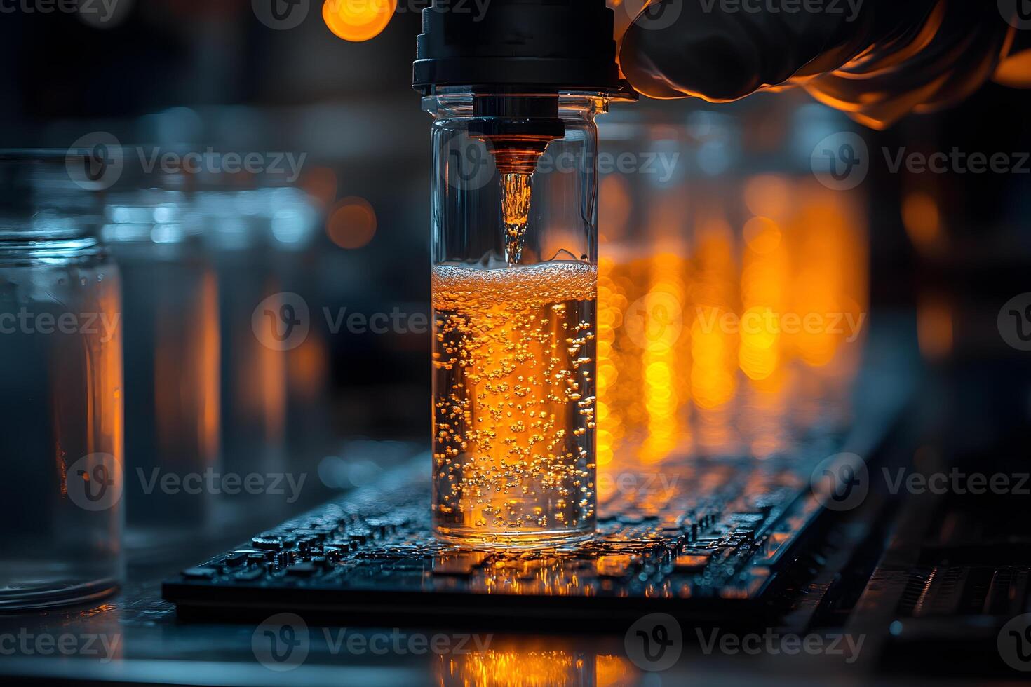 Laboratory Experiment with Glowing Orange Liquid in Glass Vials for Scientific Research photo