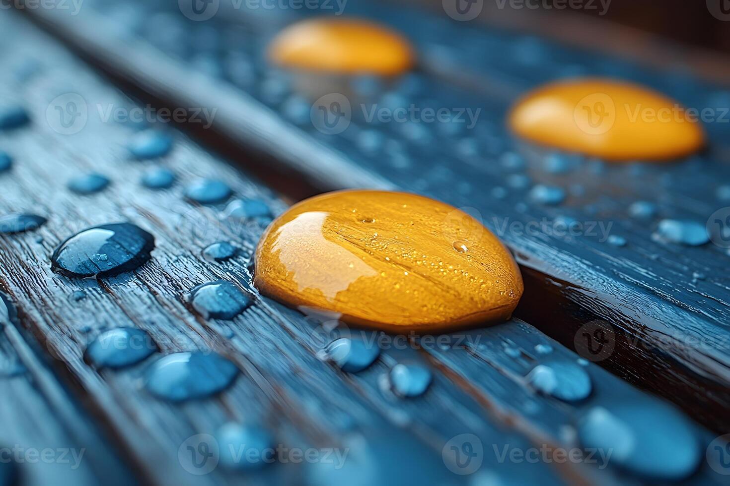 Vibrant Raindrops on Wooden Surface - Abstract Water Theme for Art and Design photo