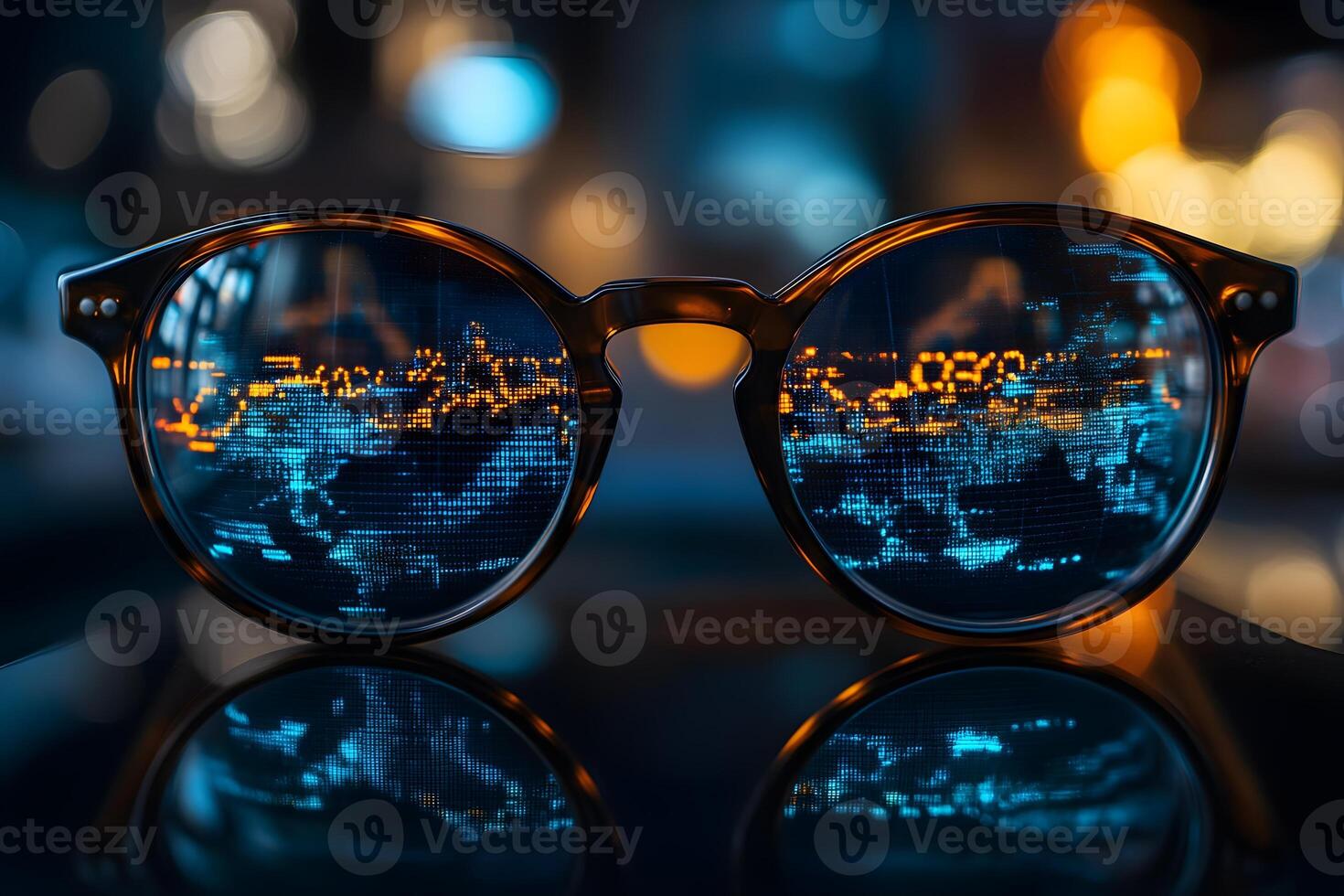 Data Reflections Futuristic Vision through Glasses with Digital World Map photo