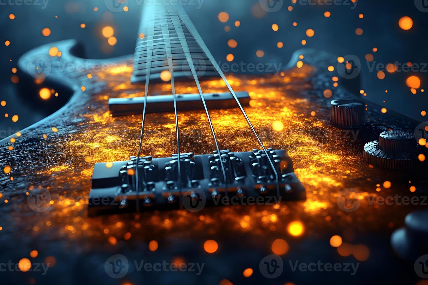 Electric Guitar Close-Up with Fiery Sparkle Effect for Creative Design photo