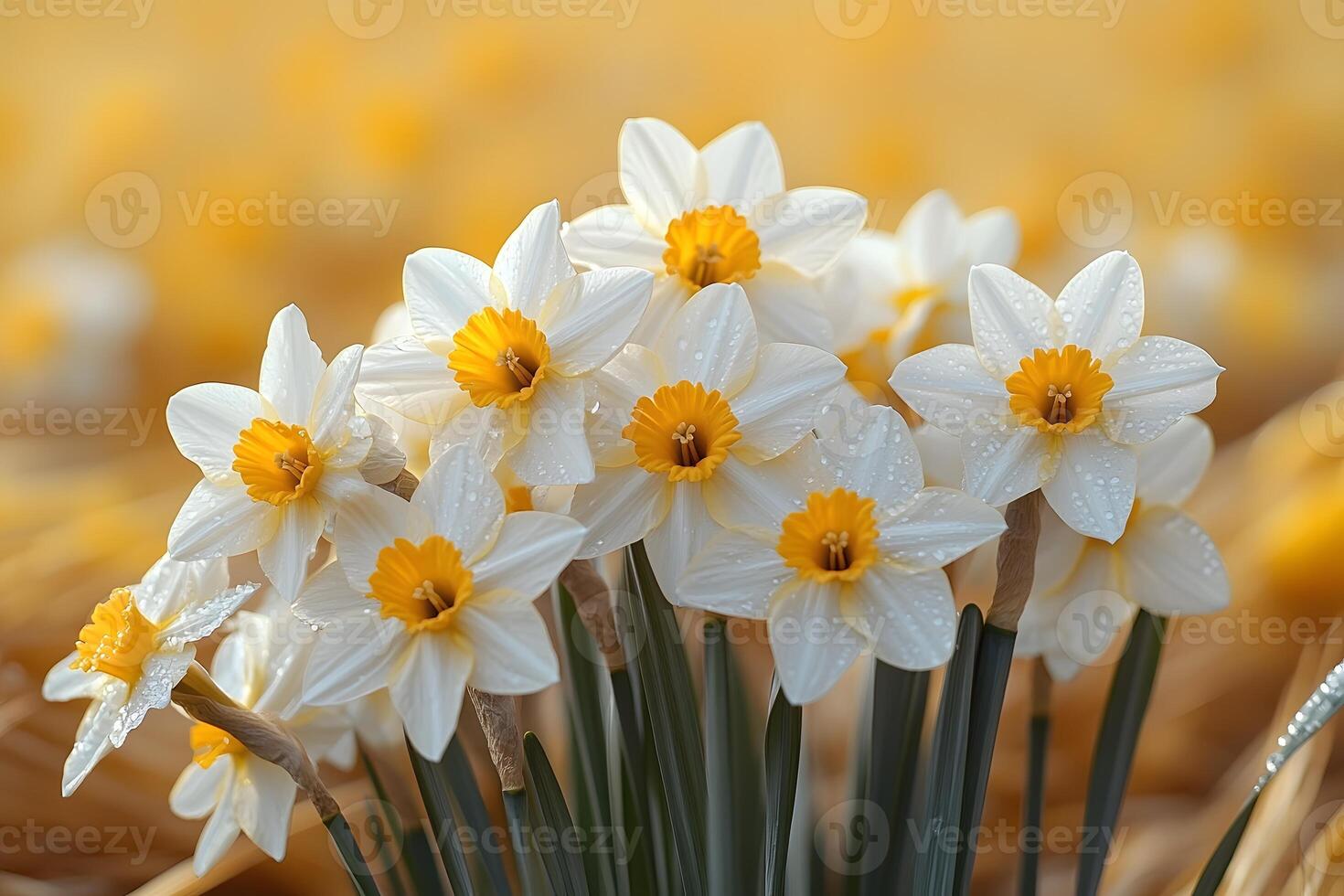 Blooming White Daffodils in a Sunny Field - Spring Nature Backdrop for Design photo