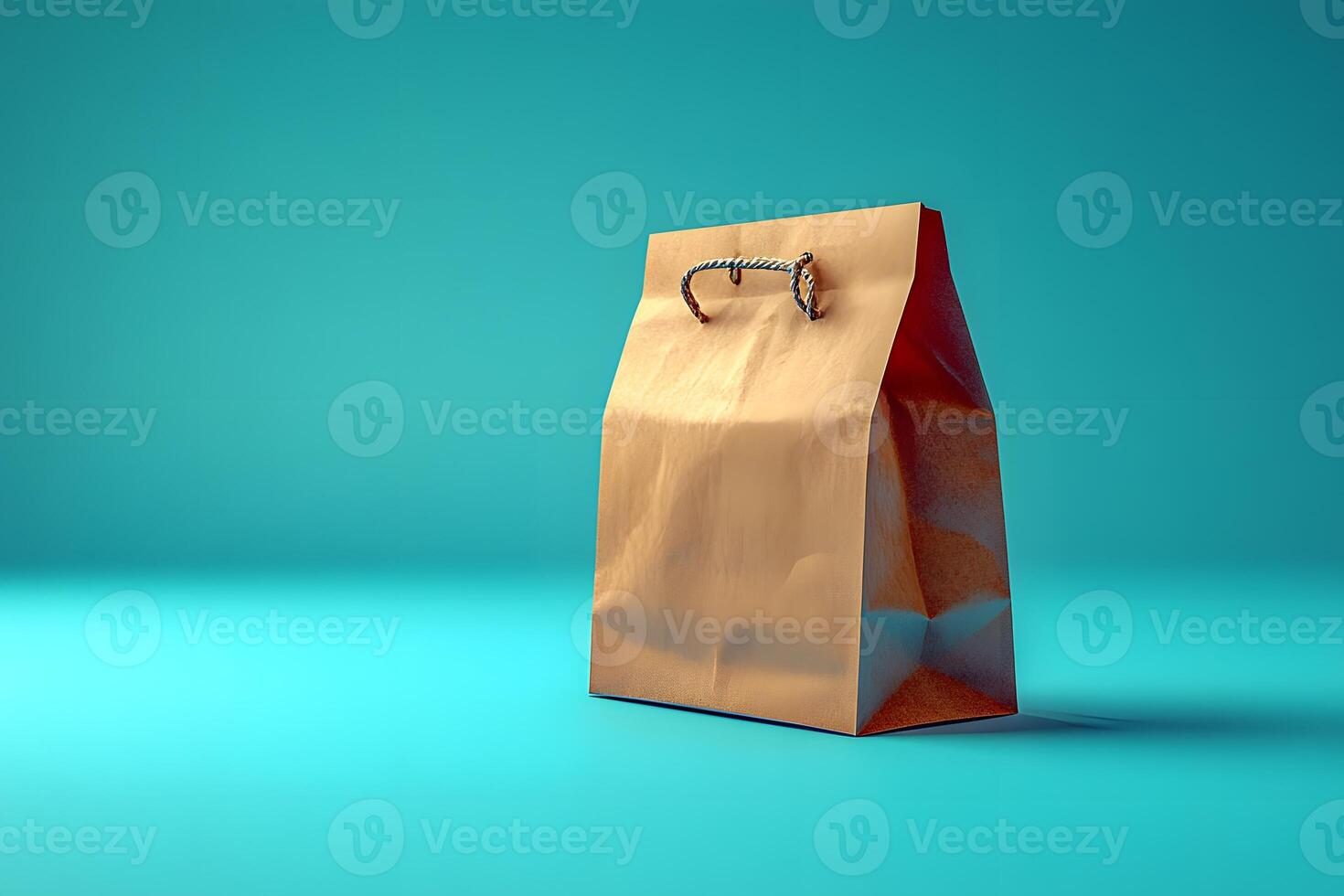 Minimalist Brown Paper Bag Against Teal Background for Eco-Friendly Packaging Designs photo