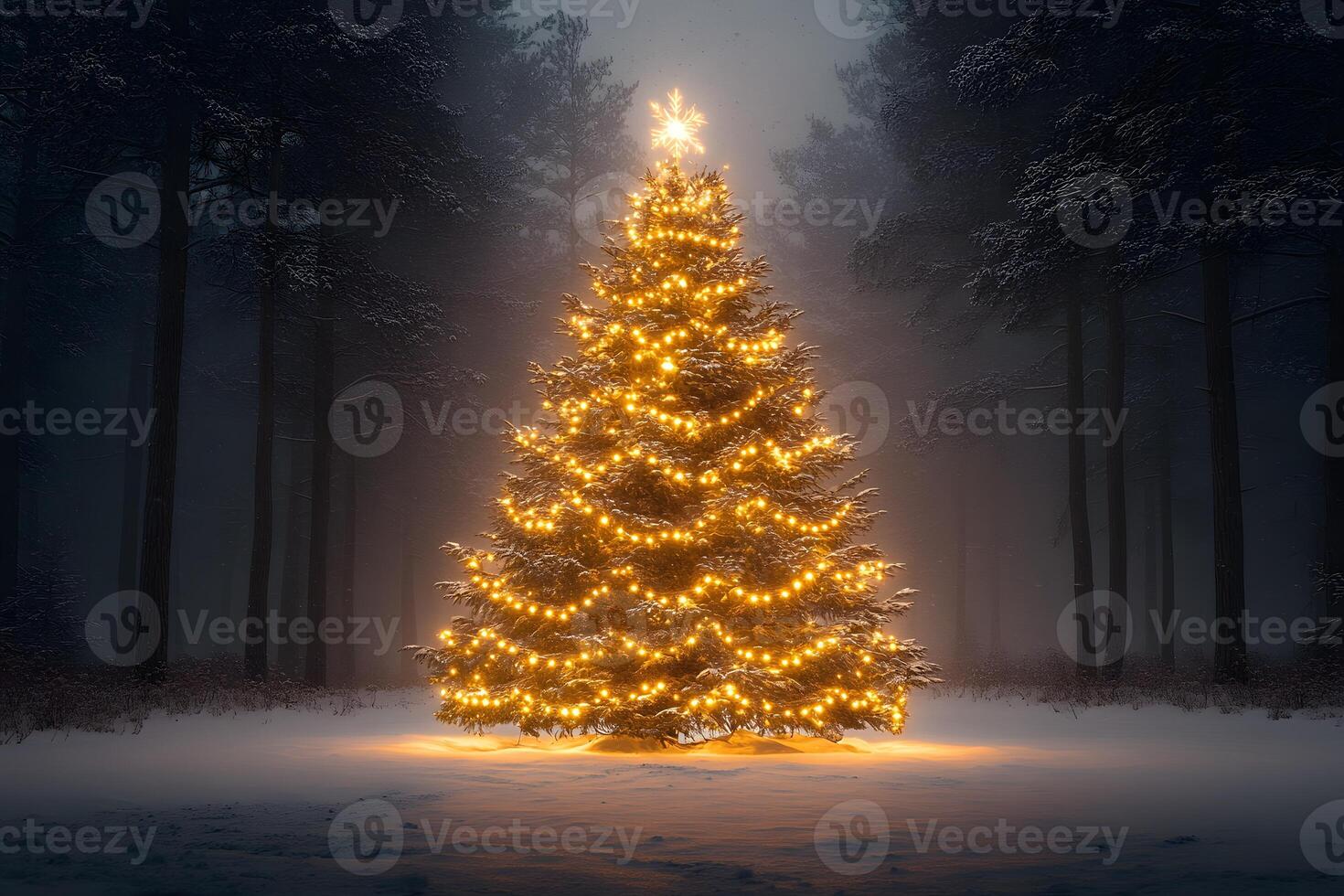 Enchanting Winter Forest with Illuminated Christmas Tree - Holiday Magic for Festive Decor and Cards photo