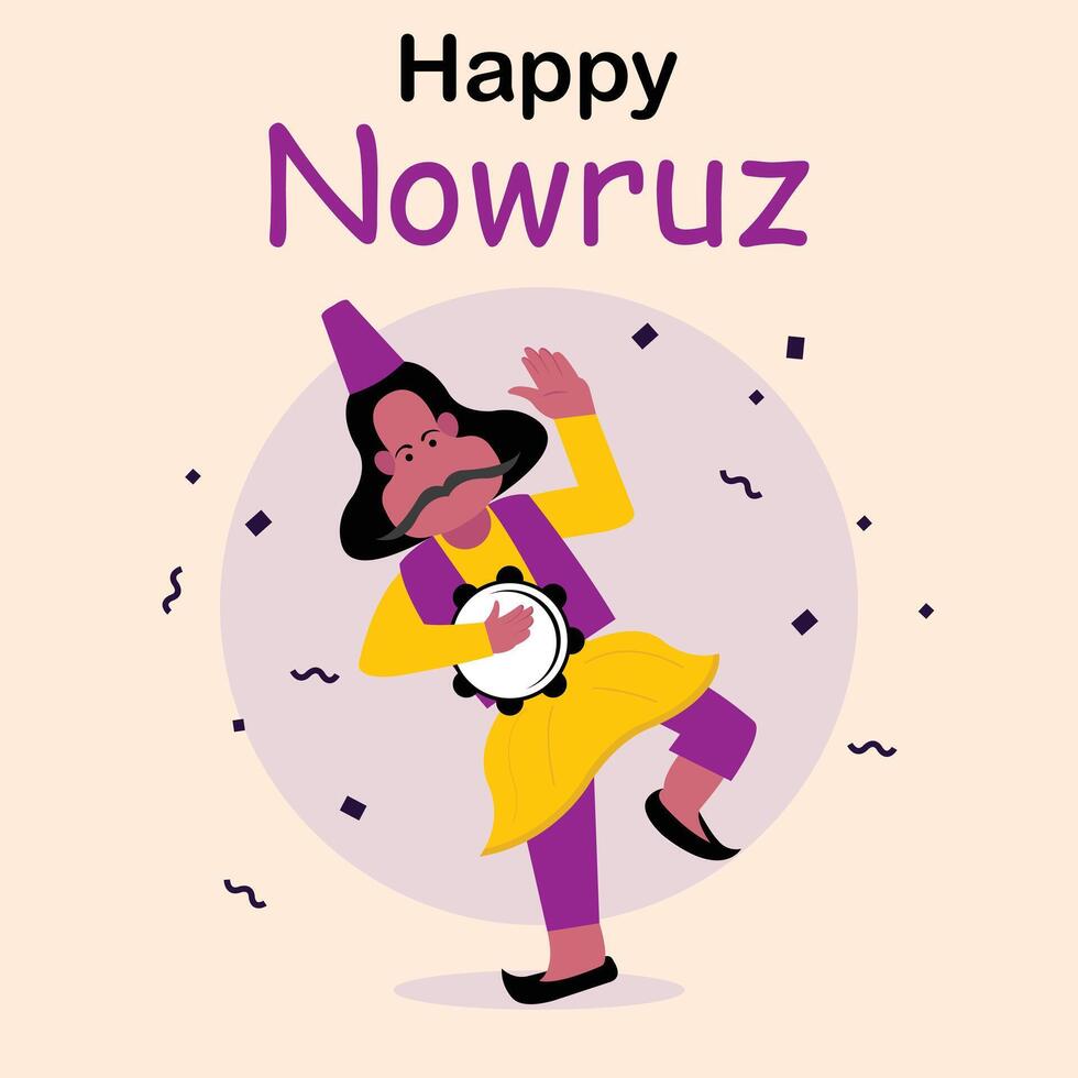 illustration graphic of a man with a mustache is dancing and beating a tambourine, perfect for international day, happy nowruz day, celebrate, greeting card, etc. vector