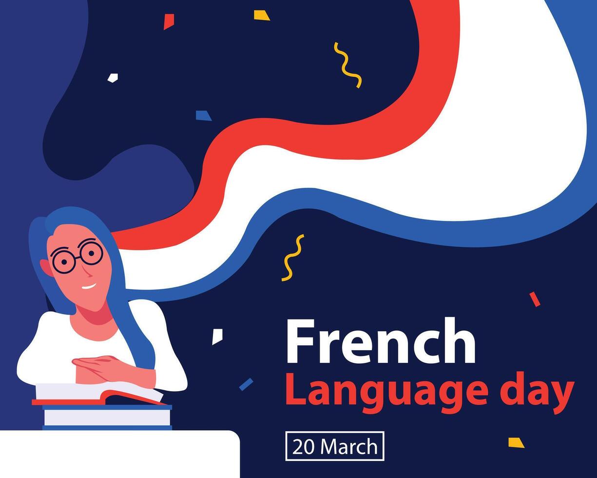 illustration graphic of woman leaning on table with book, perfect for international day, french language day, celebrate, greeting card, etc. vector