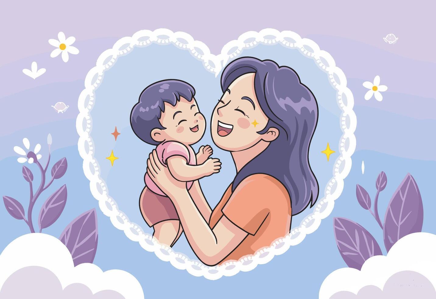 Mother and child in heart shaped frame vector