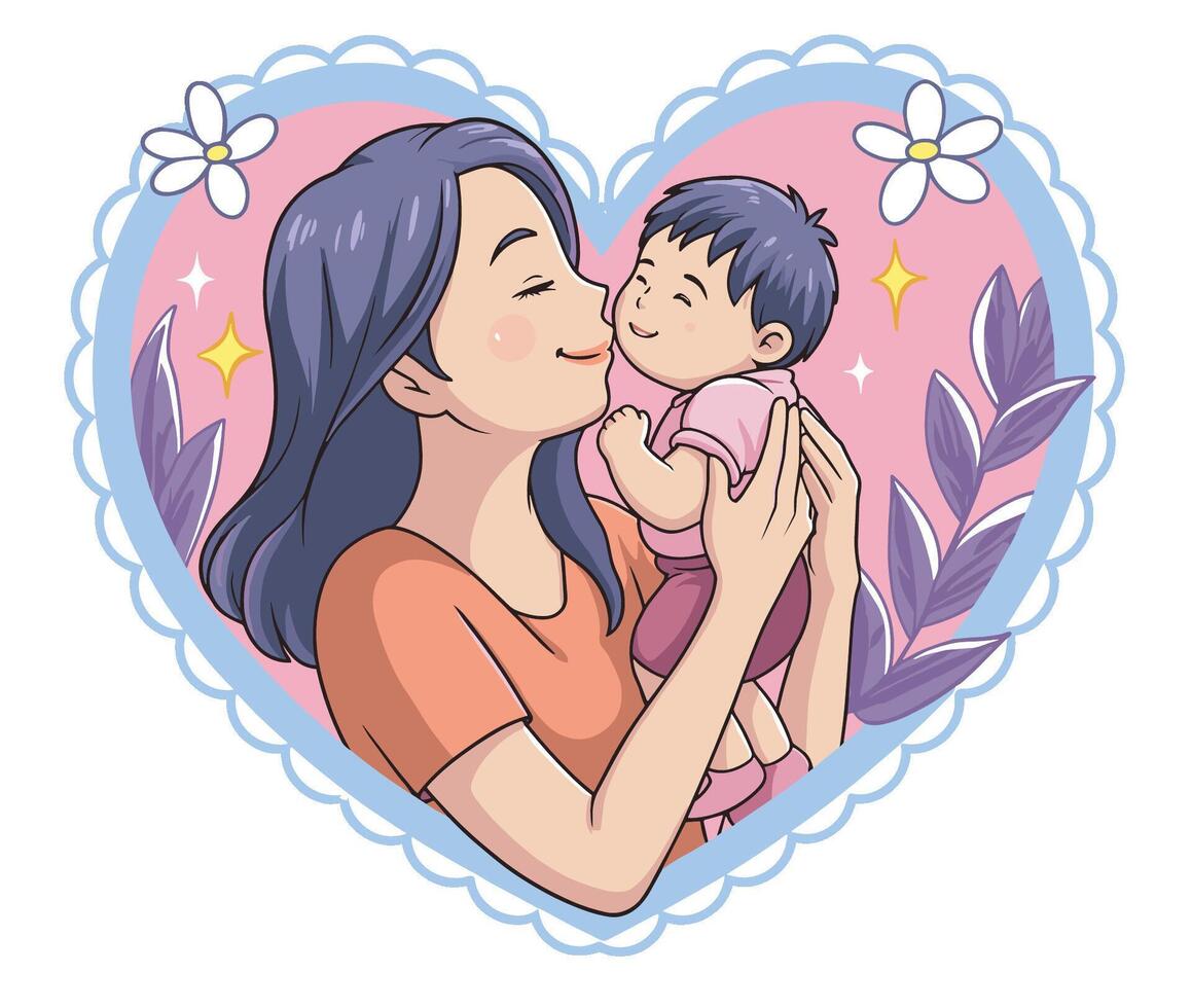 A woman holding a baby in her arms and a heart shaped background vector