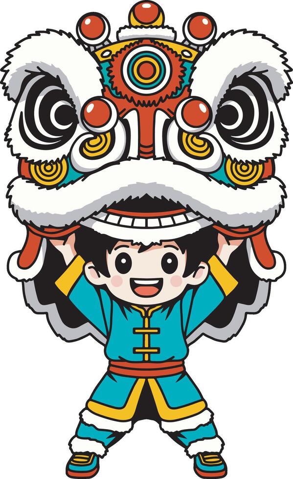 Chinese lion dance cartoon design art vector