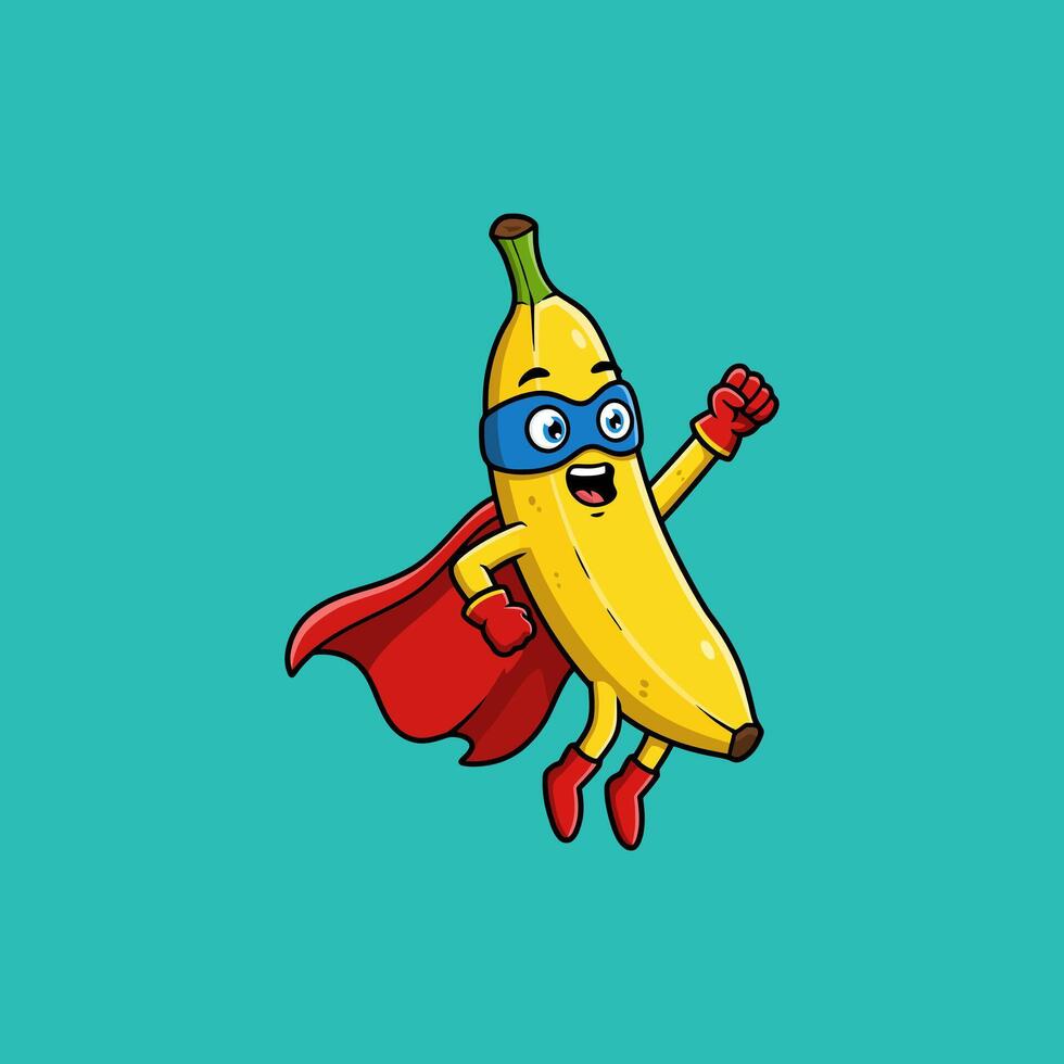A cheerful banana soars, cape billowing, a playful superhero in vibrant cartoon style. Pure fun vector