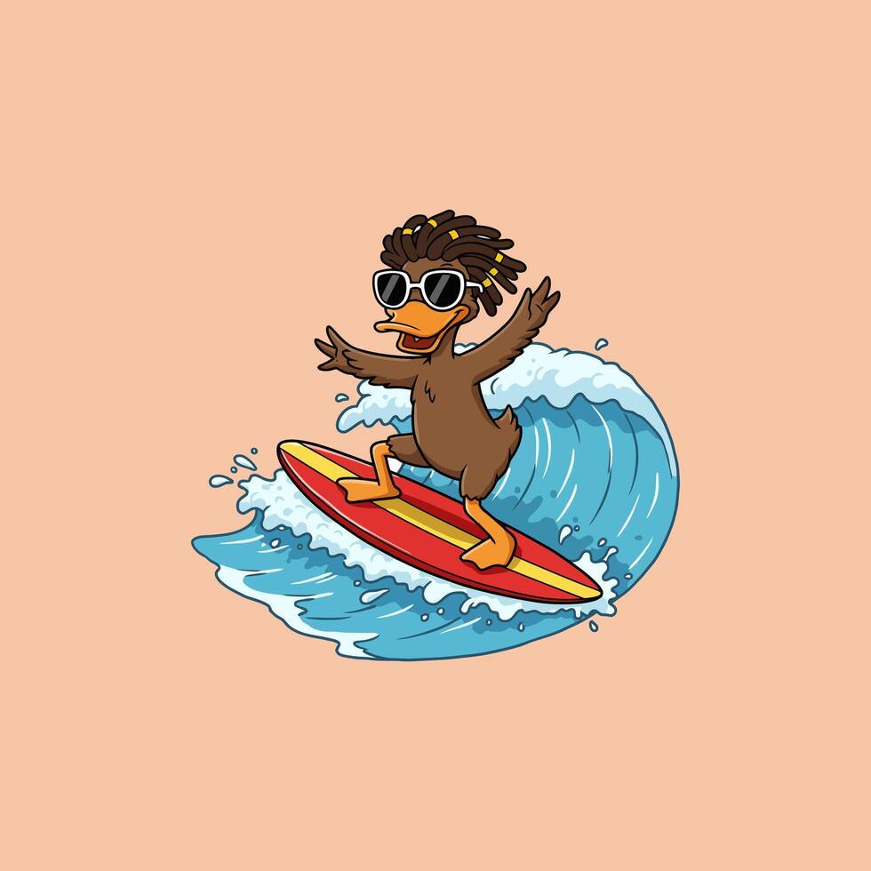 A stylish duck with dreadlocks and sunglasses enjoys a thrilling surf session, riding a vibrant wave with joyful abandon. Summer vibes vector