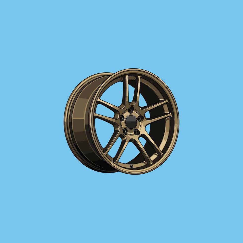 Catch the gleam A bronze alloy wheel, sharply illustrated in art, sits against a pale blue backdrop. Its spokes and metallic sheen are captivating. vector