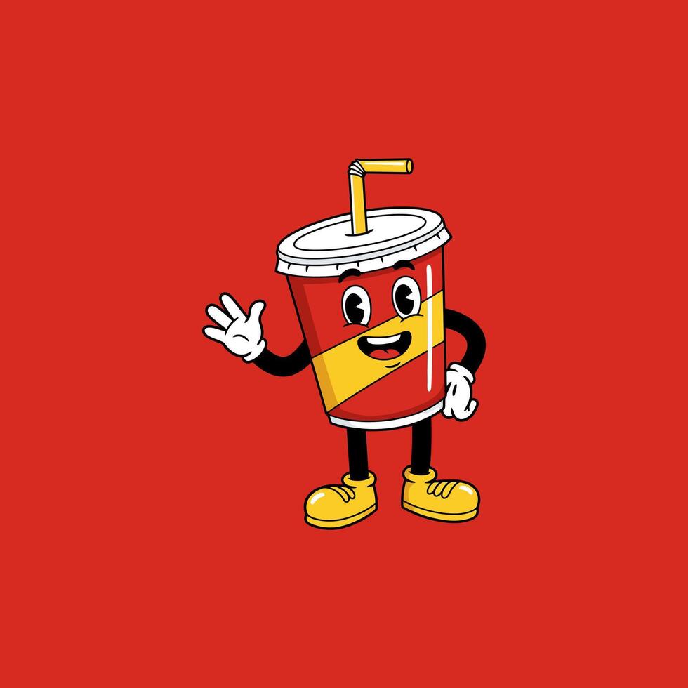 A cheerful soda cup character waves hello Red cup, yellow stripe, straw, and happy expression create a fun, retro vibe. vector