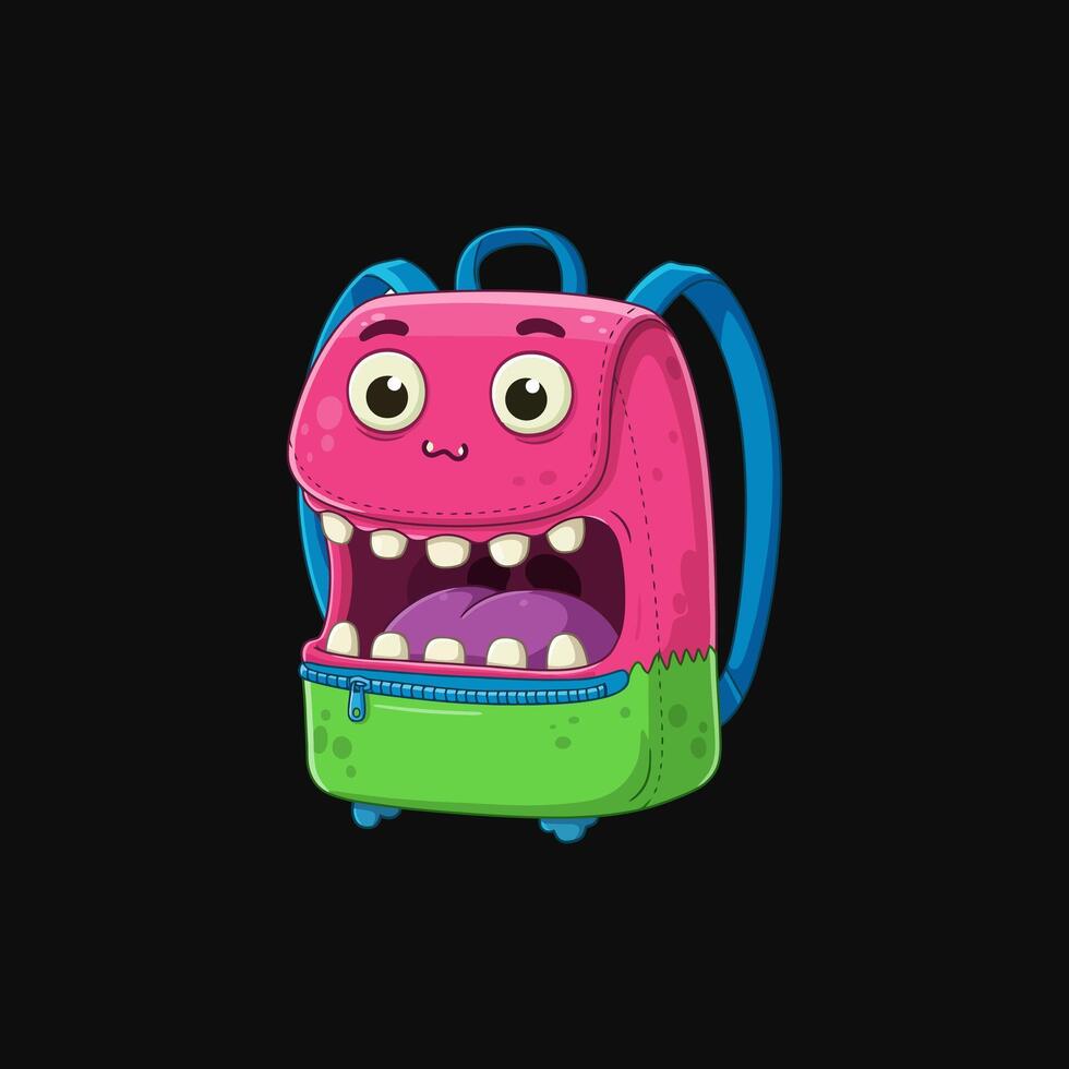 A cheerful monster backpack grins wide Its pink top and lime green bottom pop against a black background. Fun and quirky vector