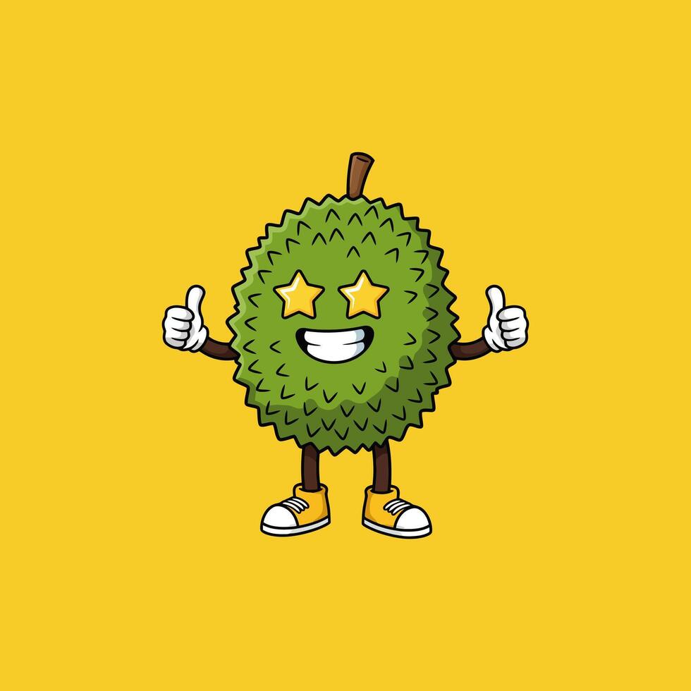 A happy durian cartoon beams, giving two thumbs up Golden stars sparkle in its eyes. vector