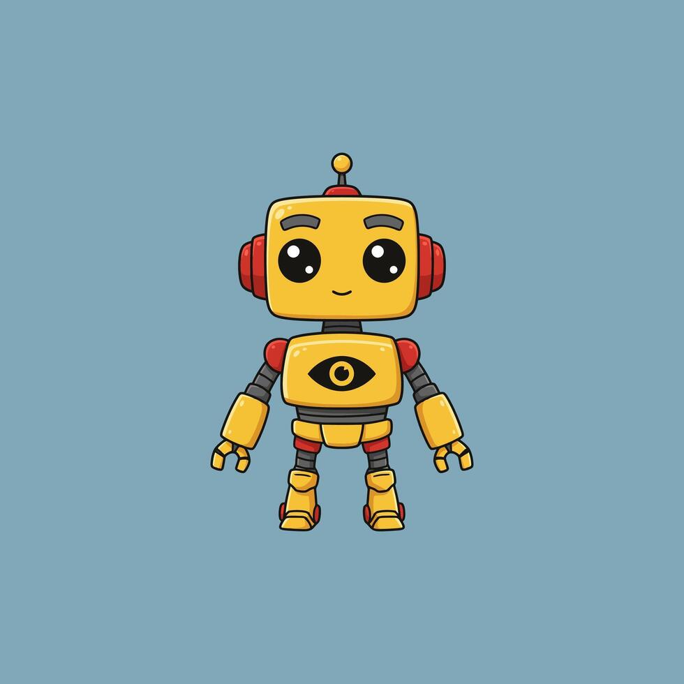 Meet this charming, little yellow robot Its big eyes and friendly smile create a sweet, playful mood. A delightful cartoon character. vector