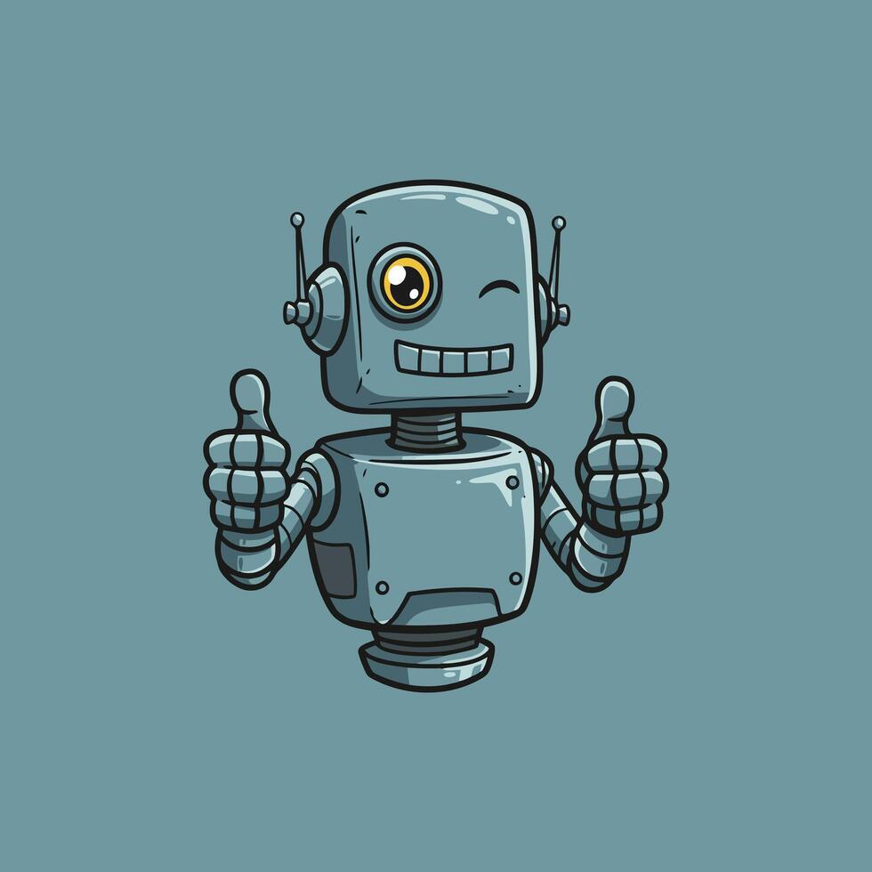 A friendly vintage robot winks and gives two thumbs up Its metallic blue body and bright yellow eye create a cheerful, playful mood vector