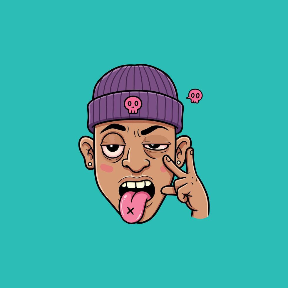 A playful cartoon guy with a purple beanie and peace sign rocks a cool, vibrant style. His mischievous expression adds a fun and energetic vibe to the illustration. vector
