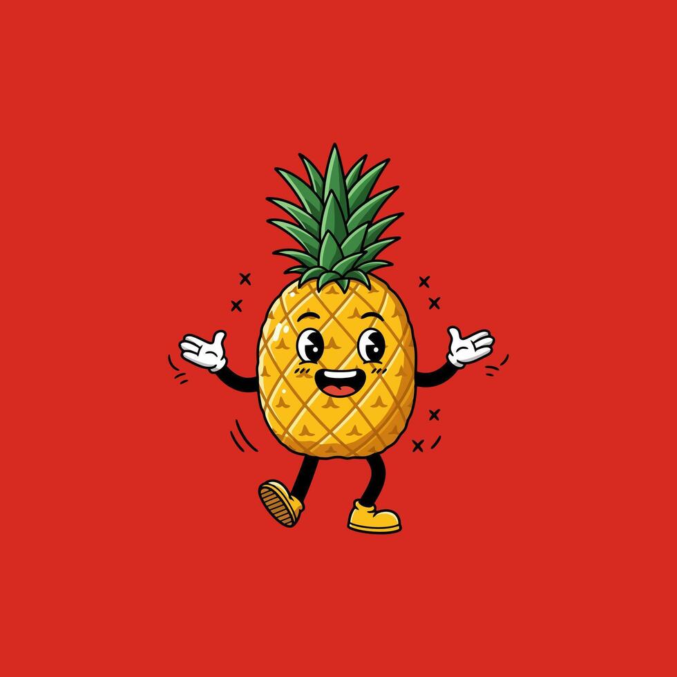 A happy pineapple cartoon bounces onto the scene Its cheerful expression and playful pose create a vibrant, fun mood. Enjoy this delightful fruit character vector