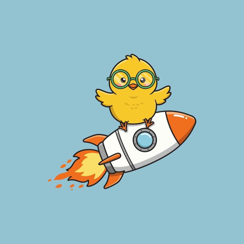 A cute, bespectacled chick takes flight on a tiny rocket, flames blazing Joyful, playful, and charmingly illustrated. vector