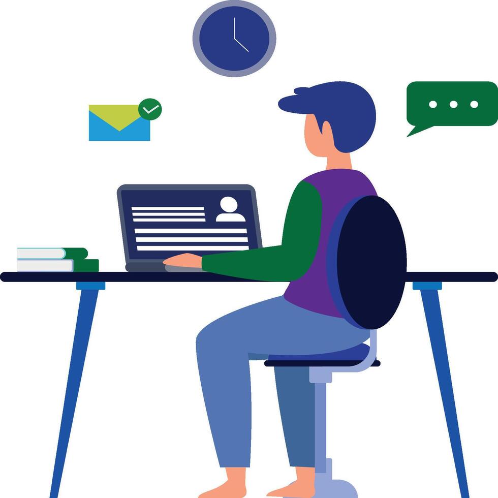 Freelance man working at home office. Freelance worker sitting at the desk with computer. Freelance, remote job concept. illustration in flat style. vector