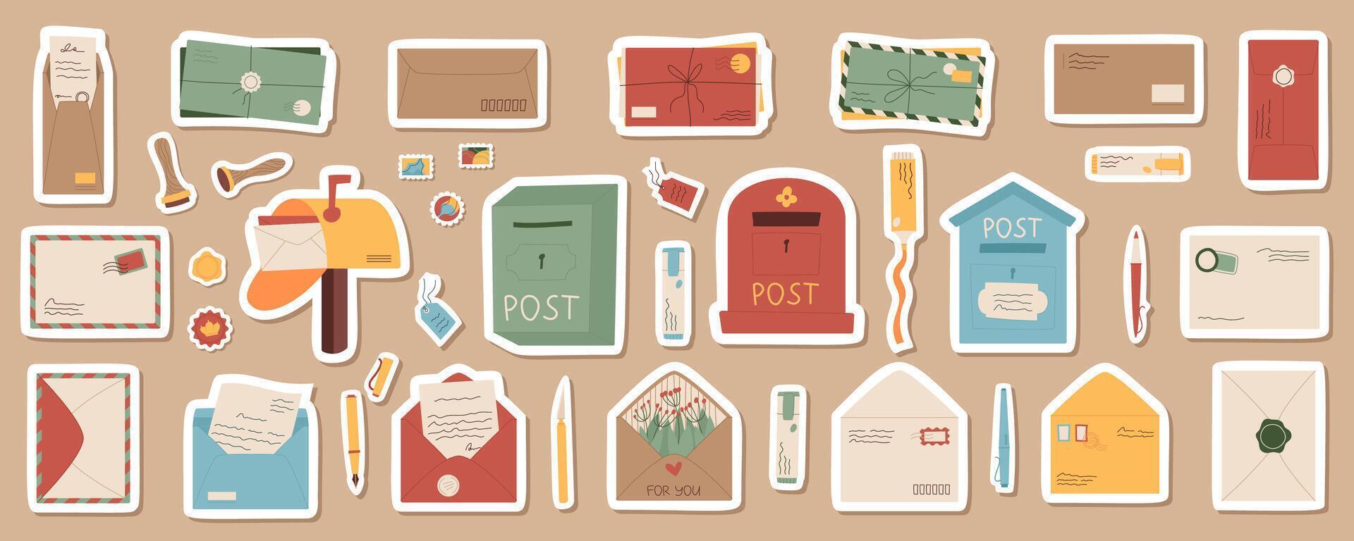 Cartoon mail, letter and mailbox sticker pack, trendy greeting open envelop label set, isolated paper postcard and stamps badge template, flat craft postal box and stationery patch design collection vector