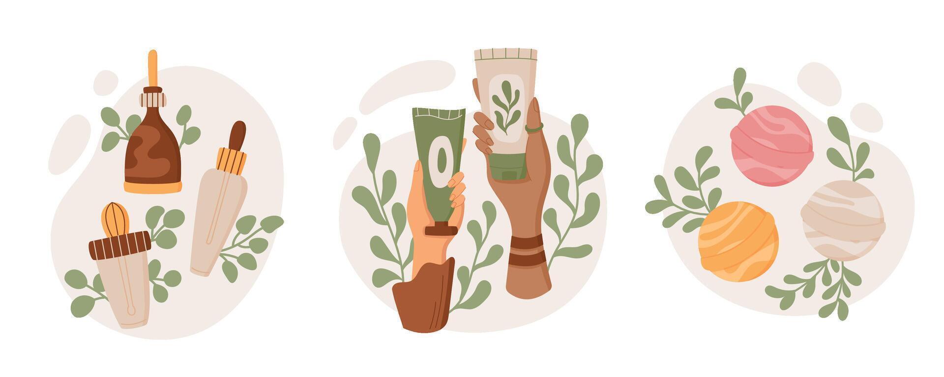 Colorful isolated hand holds cosmetic cream jar, minimal cleansing hygiene product pack, eco antiaging skin care shampoo bottle, natural moisturizing beauty oil tube, illustration. vector