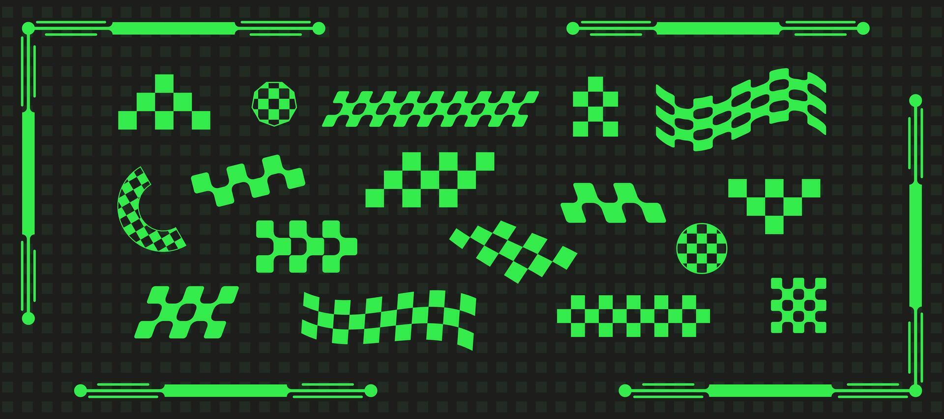Cyber geometry checker form rave aesthetic set, geometric trendy groovy checkerboard icon, space trippy 90s check element , psychedelic y2k figure collection, modern techno acid shape design, vector