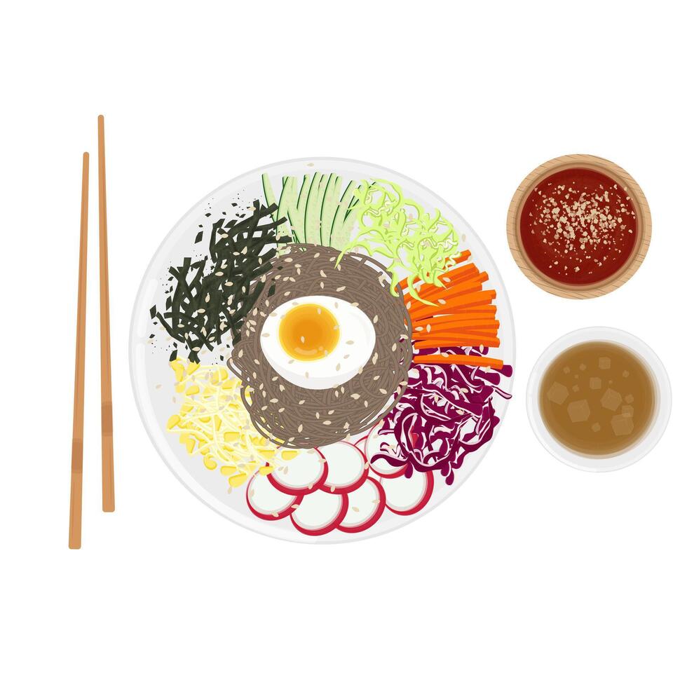 Illustration Logo Clipart Top View Korean spicy Cold Noodles Makguksu or Bibim Makguksu vector
