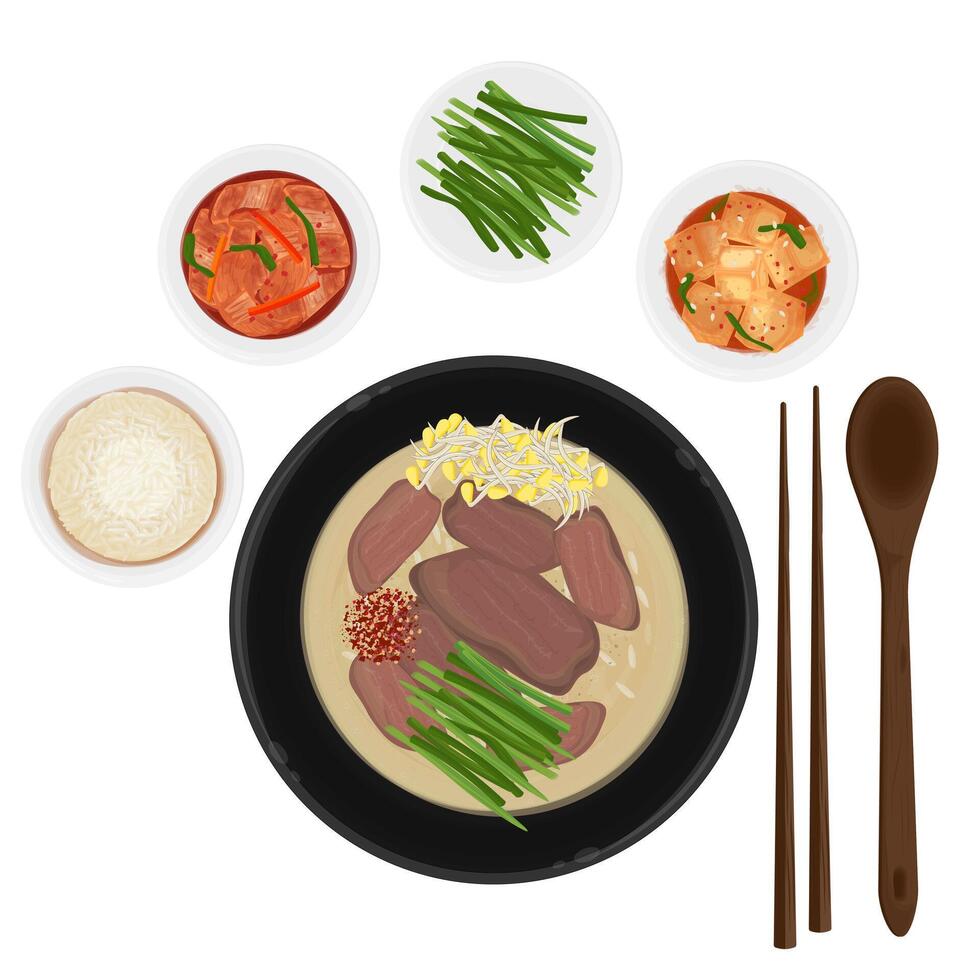 Illustration Logo Clipart Top View Korean Kongnamul Gukbap or Korean Rice Soup With Banchan vector
