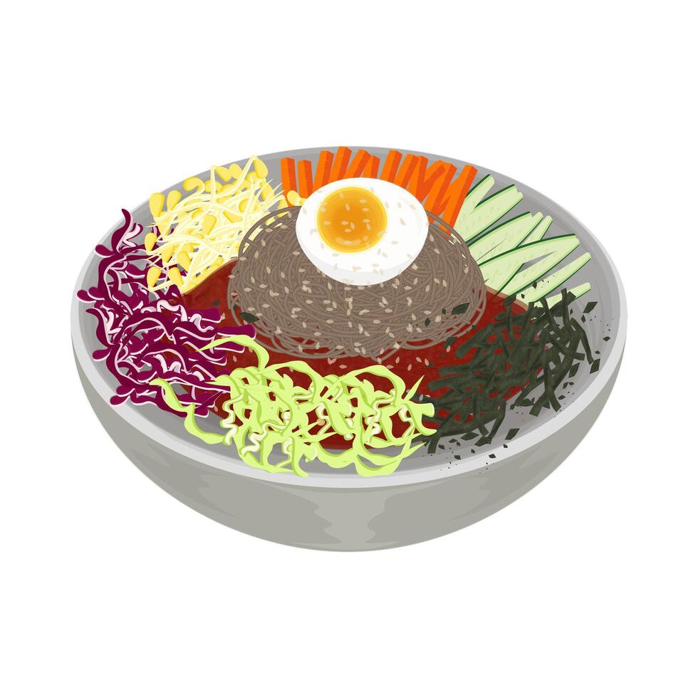 Illustration Logo Clipart Ready to Eat Makguksu Korean spicy Cold Noodles On a Bowl vector