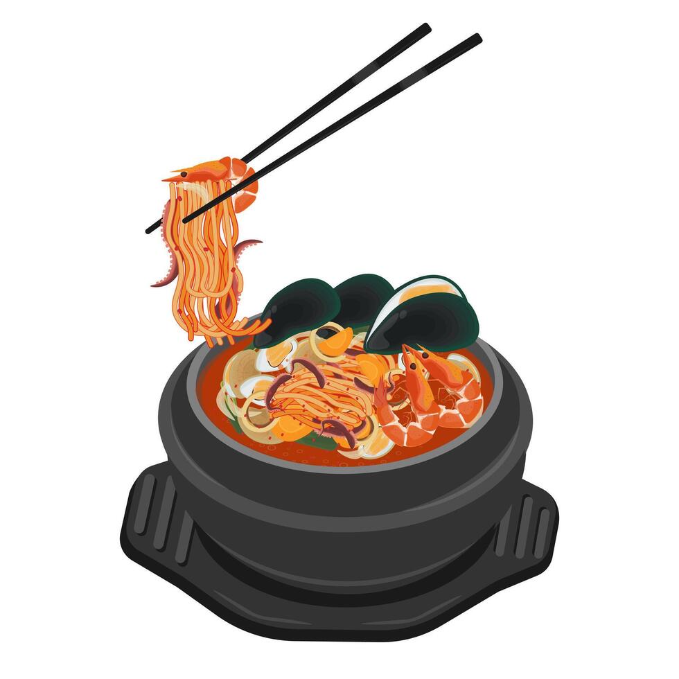 Illustration Logo Clipart Jjamppong Korean Spicy Seafood Noodle Soup on a Ttukbaegi vector