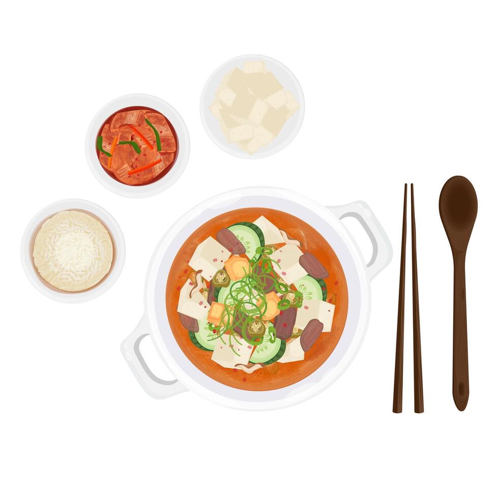 Illustration Logo Clipart Top View Korean Silken Tofu Soup or Doenjang Jjigae With Kimchi vector