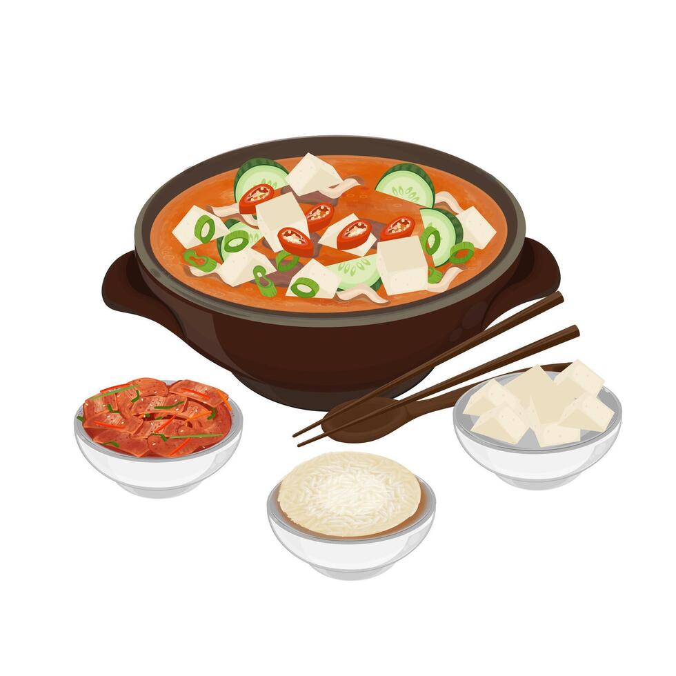 Illustration Logo Clipart Delicious Korean Silken Tofu Soup or Doenjang Jjigae vector