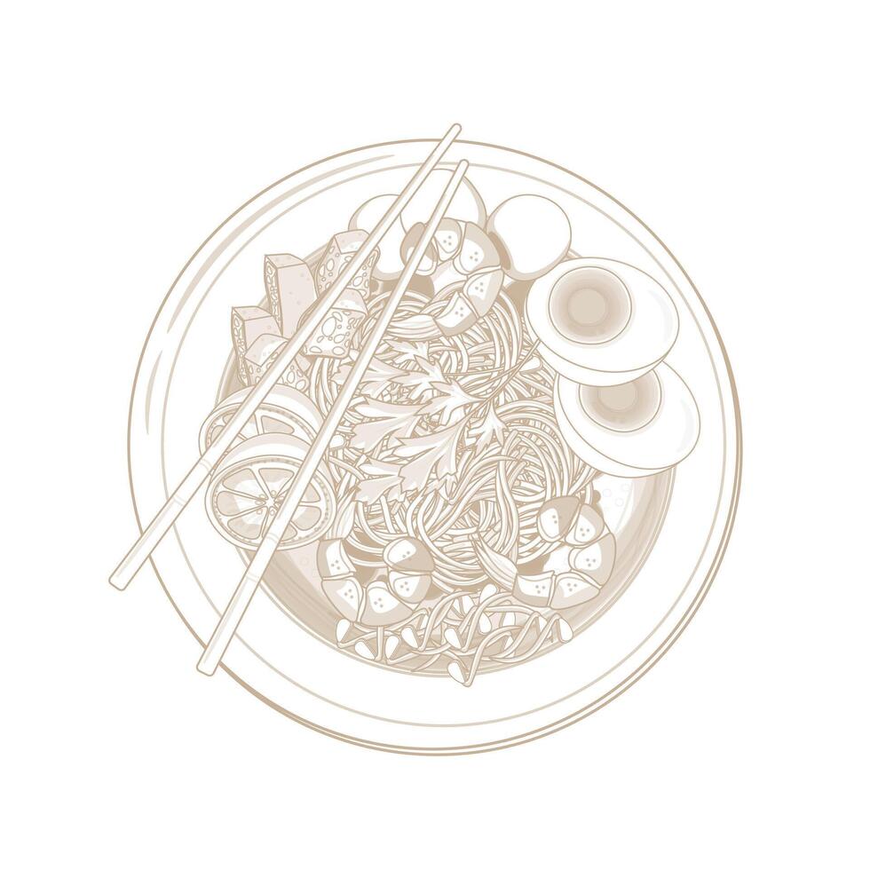 Illustration Logo Simple Lineart Top View Laksa Curry Noodles Asian Food vector