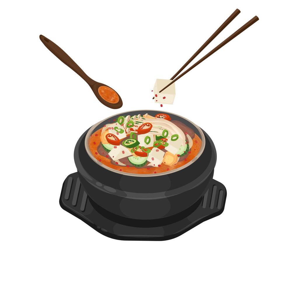 Illustration Logo Clipart Doenjang Jjigae Fermented Soybean Paste Stew on a Ttukbaegi vector