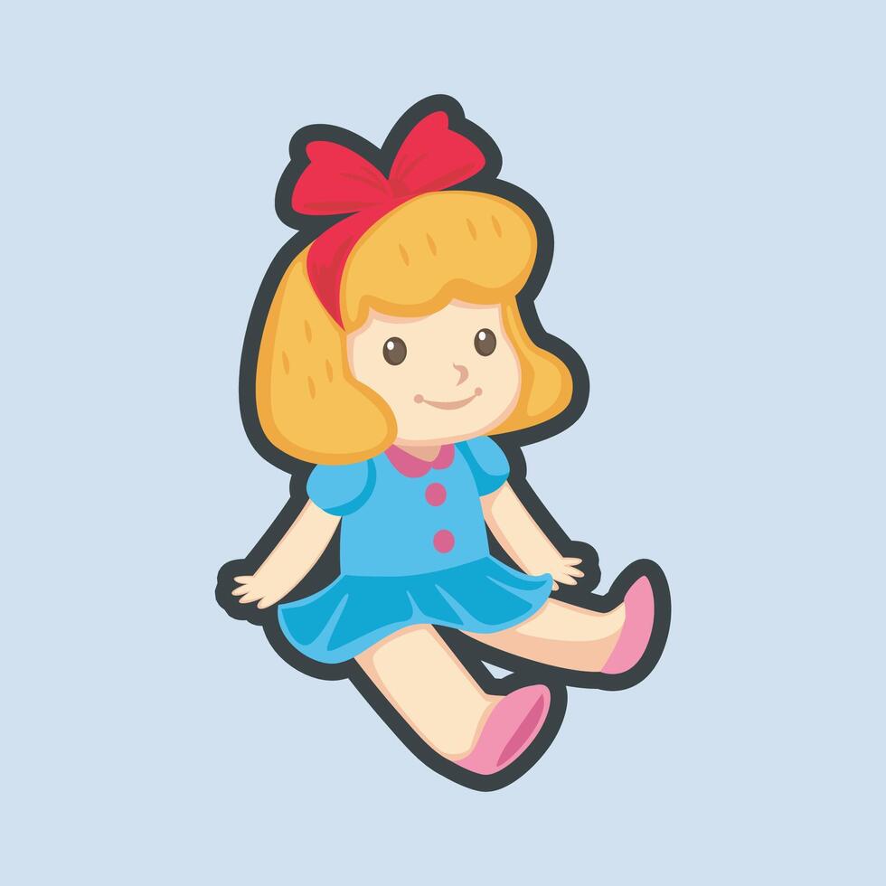 cute girl doll with outline flat design vector