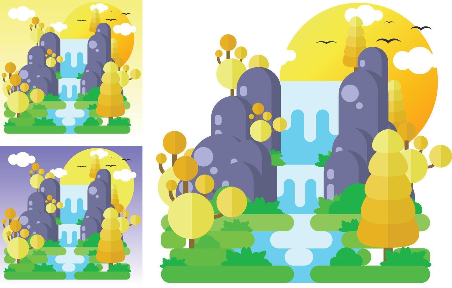 a cartoon illustration of a waterfall and trees vector
