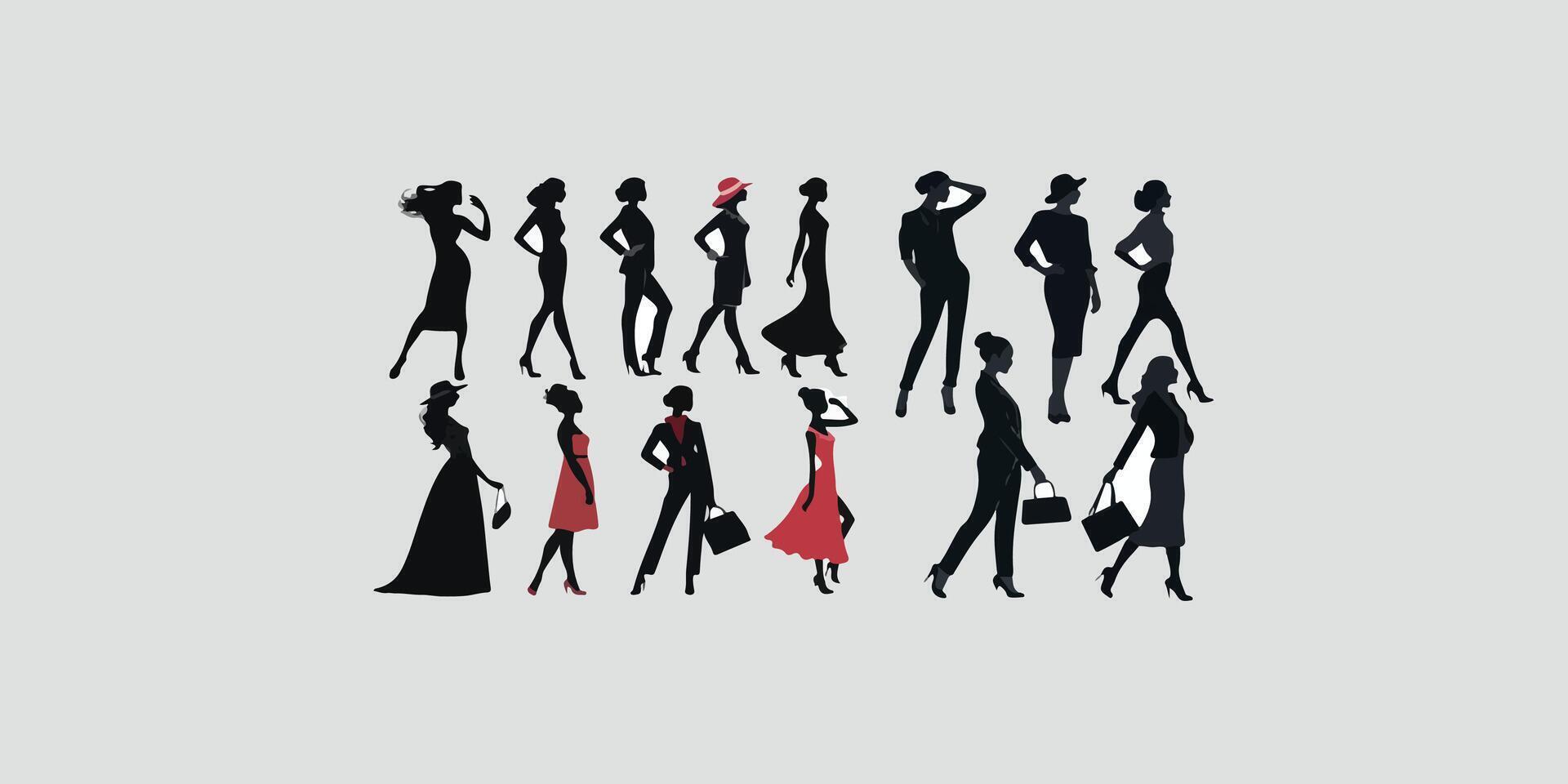 Print stylish women Silhouette in diverse poses, collection of woman showcasing fashion and elegance on a white background, perfect for design, art, and fashion vector