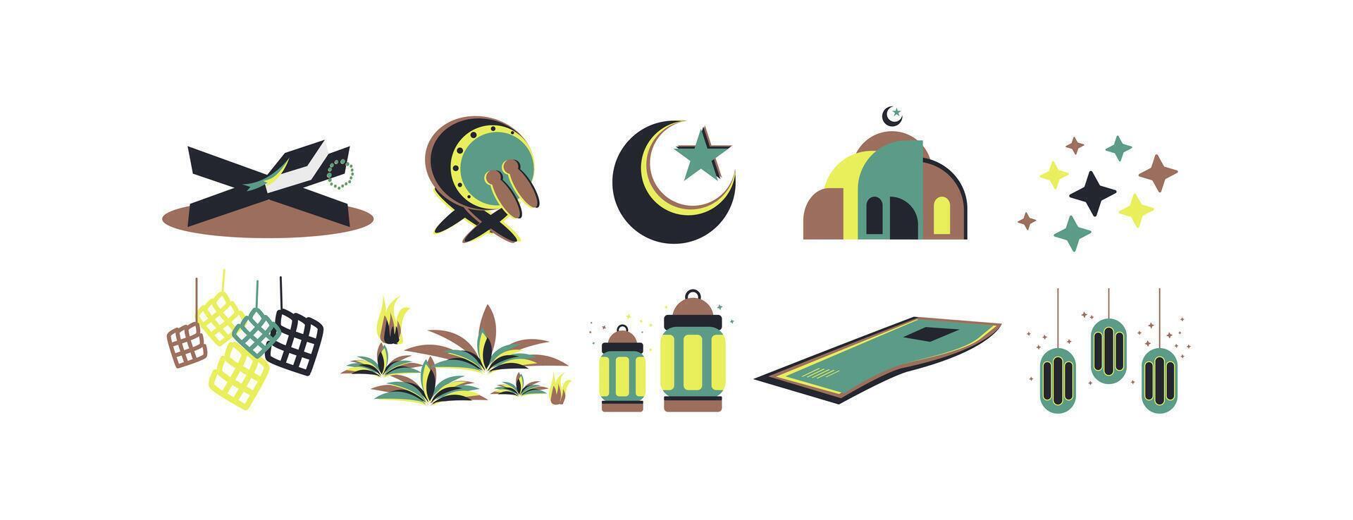 Ramadan themed flat icon set collection. Can be used for Islamic New Year, and Eid al-Fitr and Eid al-Adha. Simple icons in attractive modern colors vector