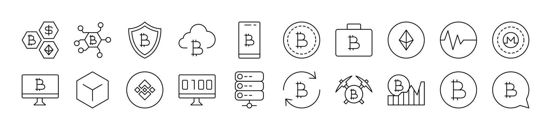 Cryptocurrency and Bitcoin Related Line Icon Collection. Editable Stroke. Perfect for Infographics, Articles, Books, Flyers, Banners vector