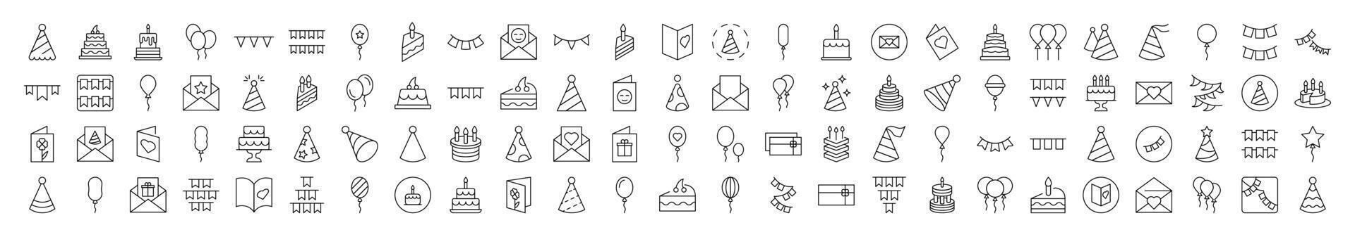 Cake, Holiday Hat, Postcard, Garland, Balloon Pack of Thin Icons. Editable Stroke. Suitable for Web Sites, Books, Cards, Apps vector